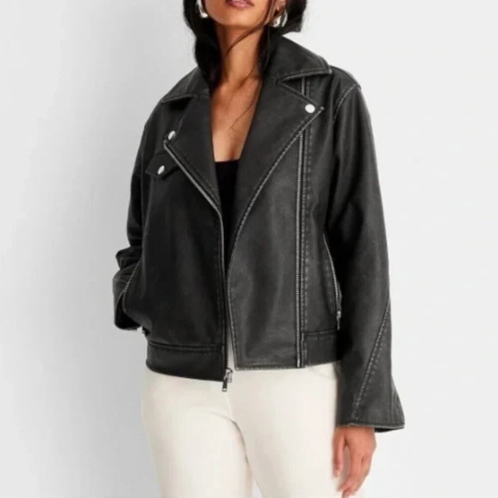 NWT Universal Thread Women's Moto Jacket Faux Leather Faded - Picture 2 of 10